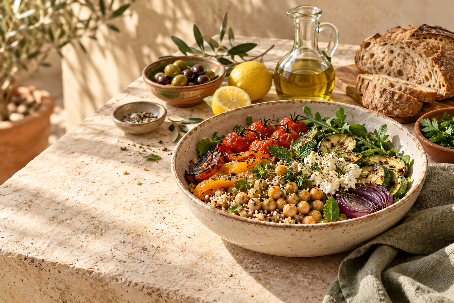 Assiette colorée, pain complet et huile d’olive sur une table méditerranéenne